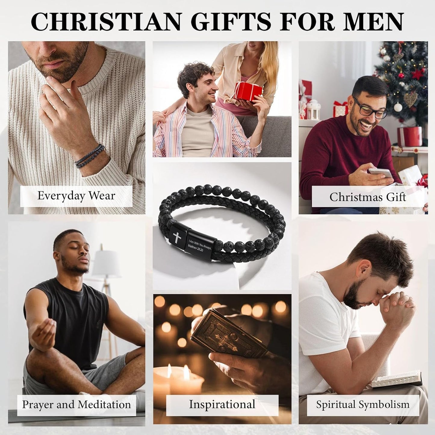 Men'S Cross Bracelet for Men : Inspirational Bible Verse Bracelets Christian Catholic Religious Jewelry Christmas Gifts Ideas for Man, Healing Lava Rock Bead Cross Bracelet Leather Wristband
