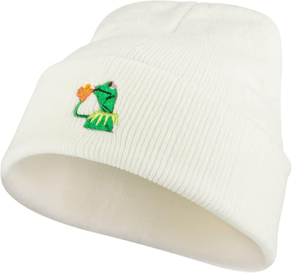 Winter Kermit the Frog Sipping Tea Beanie Warm Soft Oversized Thick Cable Knitted Hat Unisex Cuffed Skull Knit Caps…
