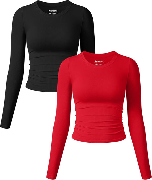 Womens 2 Piece Shirts Long Sleeve Crew Neck Ruched Stretch Basic Fitted Tee Shirts Tops