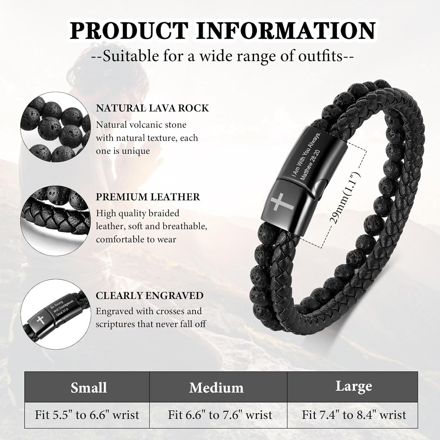 Men'S Cross Bracelet for Men : Inspirational Bible Verse Bracelets Christian Catholic Religious Jewelry Christmas Gifts Ideas for Man, Healing Lava Rock Bead Cross Bracelet Leather Wristband