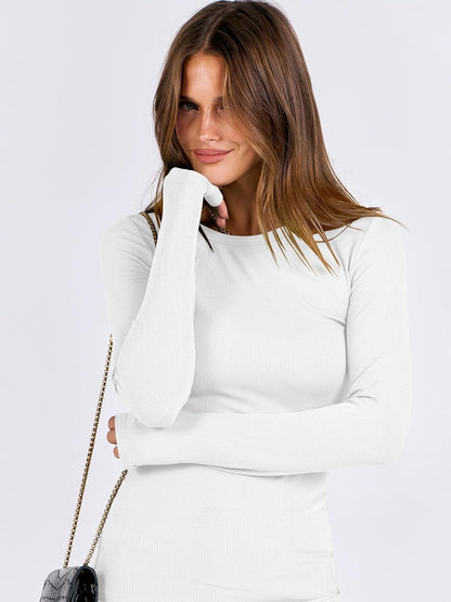 Women Long Sleeve Shirts Rib Knit Slim Fit Tops Basic Tee 2025 Fall Outfits Casual T-Shirt Underscrubs Layer Clothes