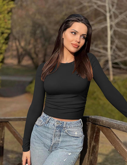 Womens 2 Piece Shirts Long Sleeve Crew Neck Ruched Stretch Basic Fitted Tee Shirts Tops