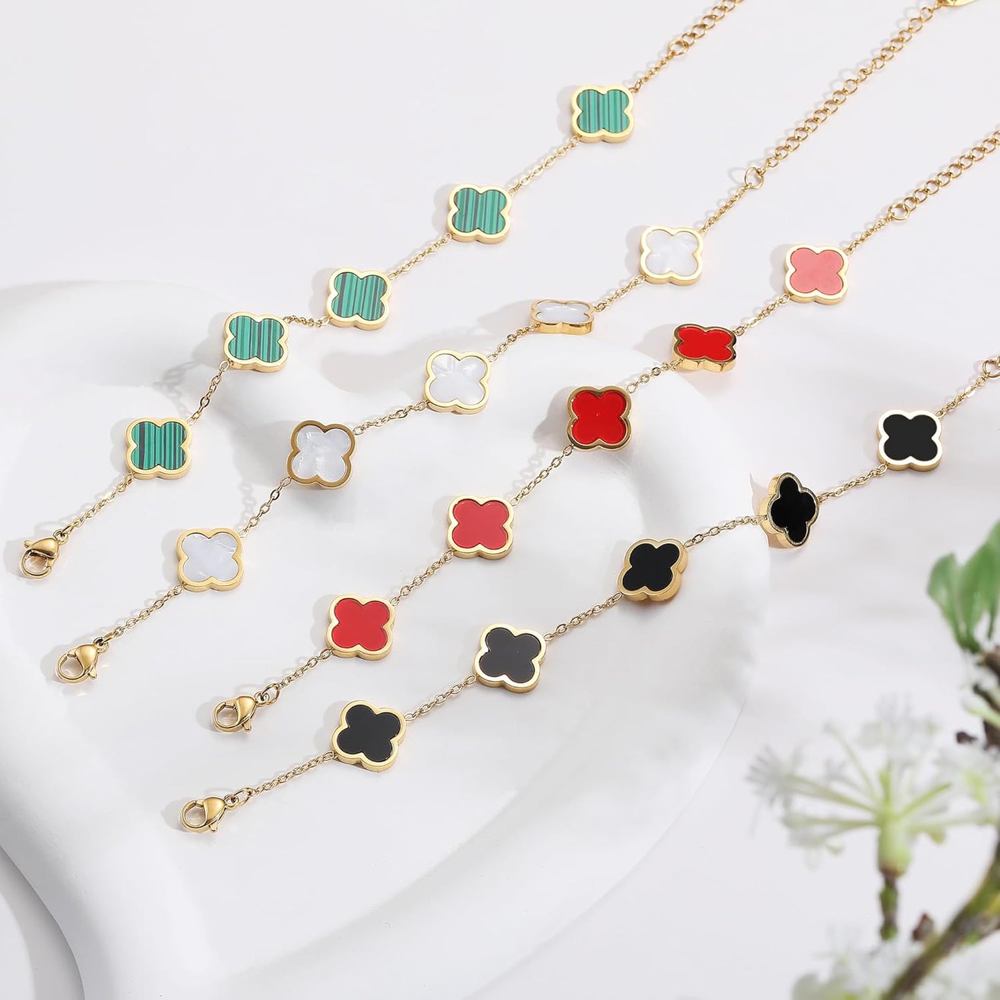 18K Gold Plated Clover Lucky Bracelet for Women White/Black/Red/Green Flower Four Leaf Link Bracelets Trendy Jewelry Gifts for Women