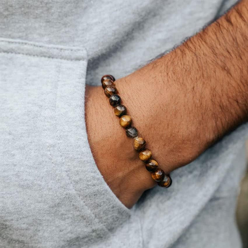 Tiger Eye Bracelet for Men 8MM Natural Stone Stretch Adjustable Black Crystal Beaded Bracelet for Men Women Gifts