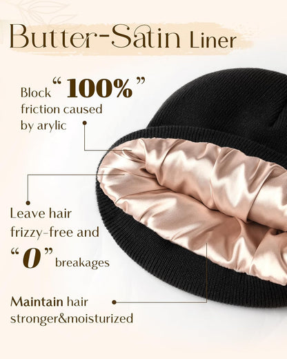 Satin Lined Beanie for Women Reduce Frizz Winter Hats for Women Men Silk Lining Soft Slouchy Warm Cuffed Less Static