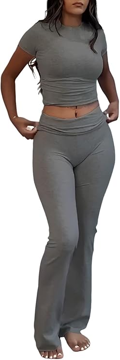 Women's 2 Piece Lounge Outfits Slim Short Sleeve Tops Low Rise Flare Leggings