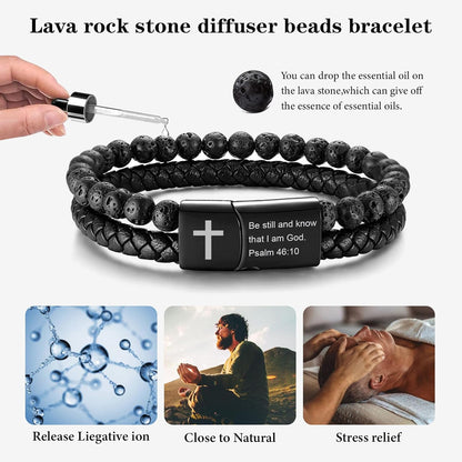 Men'S Cross Bracelet for Men : Inspirational Bible Verse Bracelets Christian Catholic Religious Jewelry Christmas Gifts Ideas for Man, Healing Lava Rock Bead Cross Bracelet Leather Wristband