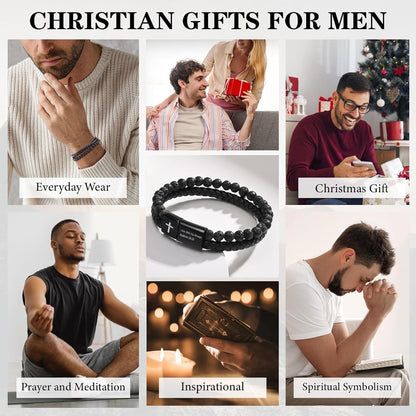 Men'S Cross Bracelet for Men : Inspirational Bible Verse Bracelets Christian Catholic Religious Jewelry Christmas Gifts Ideas for Man, Healing Lava Rock Bead Cross Bracelet Leather Wristband