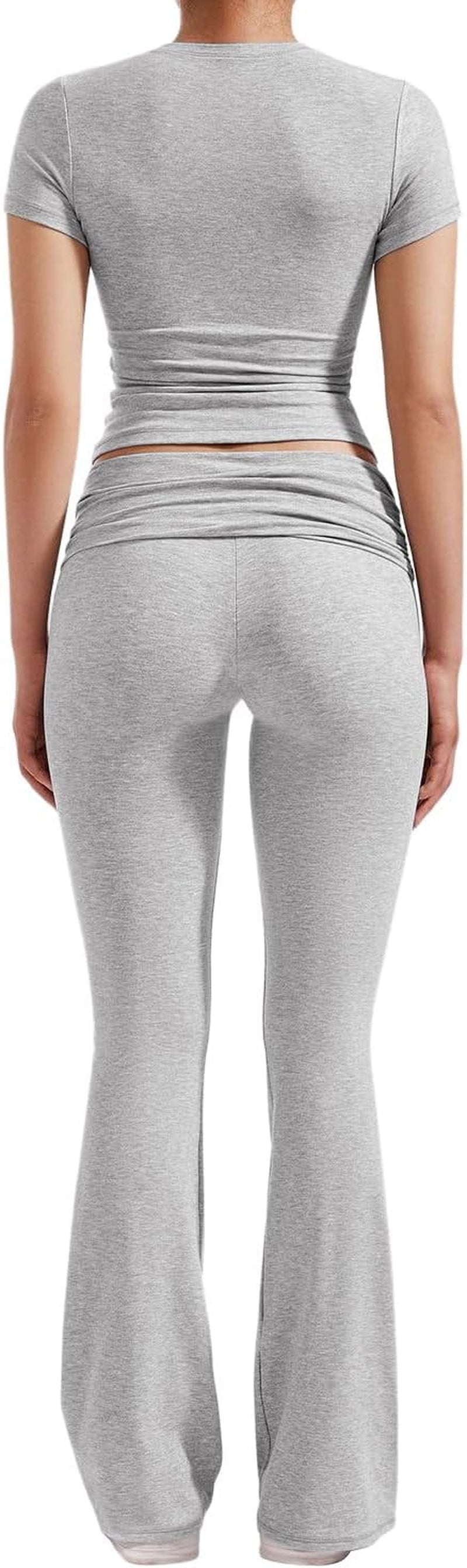 Women'S 2 Piece Lounge Outfits Slim Short Sleeve Tops Low Rise Flare Leggings Sets Yoga Sweatsuit