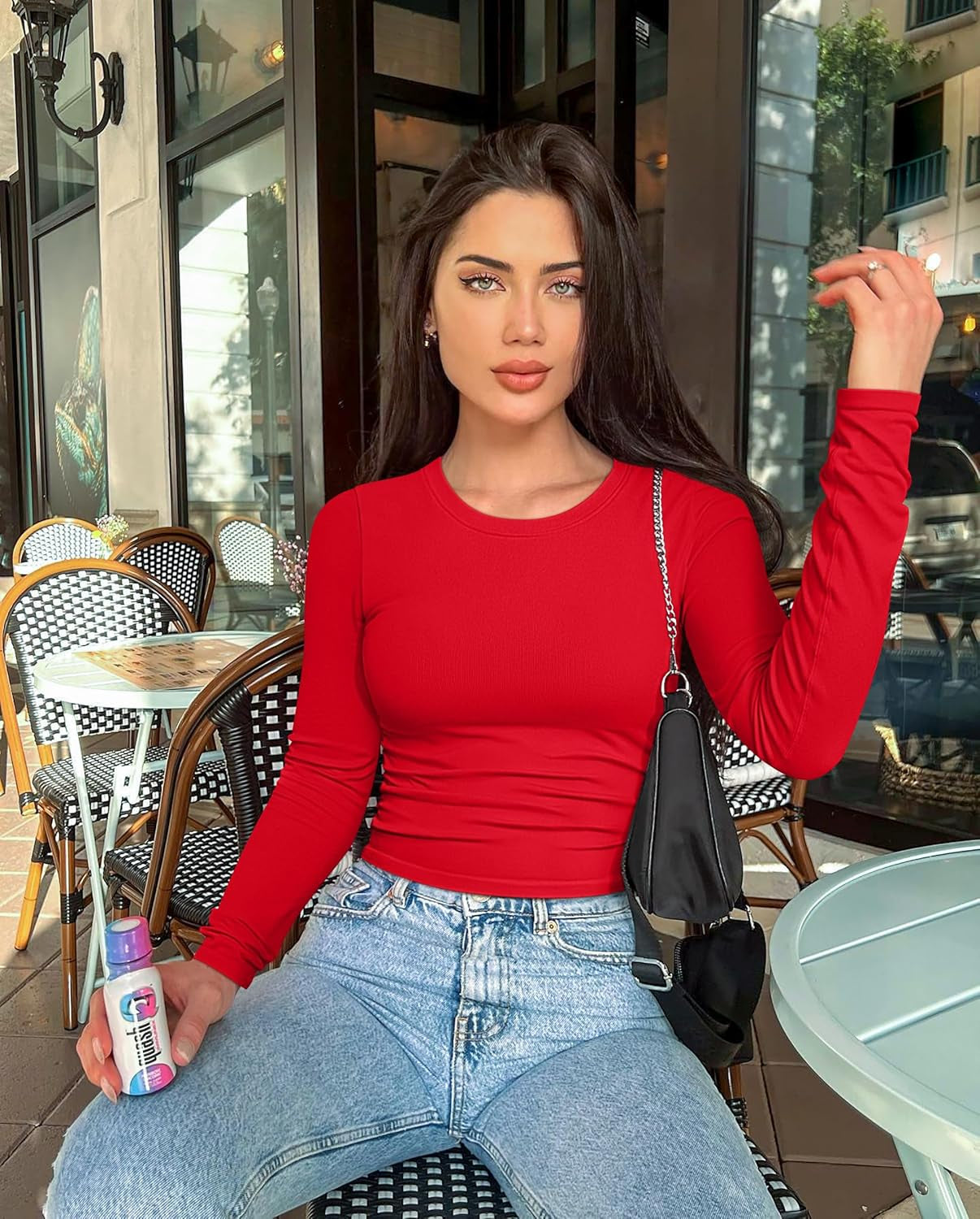 Womens 2 Piece Shirts Long Sleeve Crew Neck Ruched Stretch Basic Fitted Tee Shirts Tops