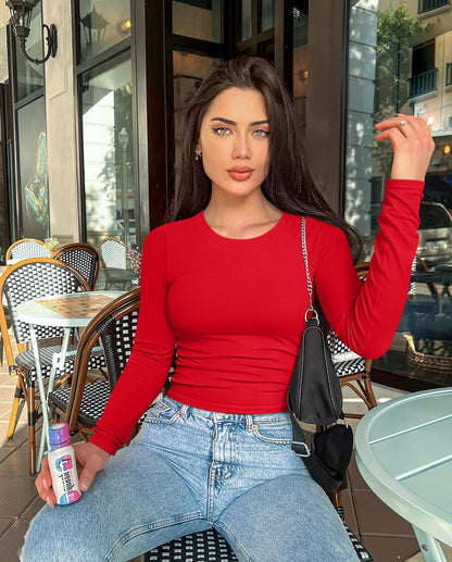 Womens 2 Piece Shirts Long Sleeve Crew Neck Ruched Stretch Basic Fitted Tee Shirts Tops