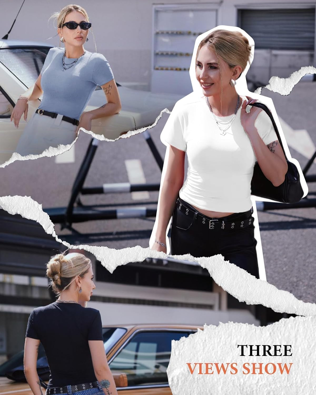 3 Pack Basic Tees for Women - Crew Neck Slim Fit Tight T Shirts Cute Y2K Trendy Crop Tops Clothes for Casual Summer