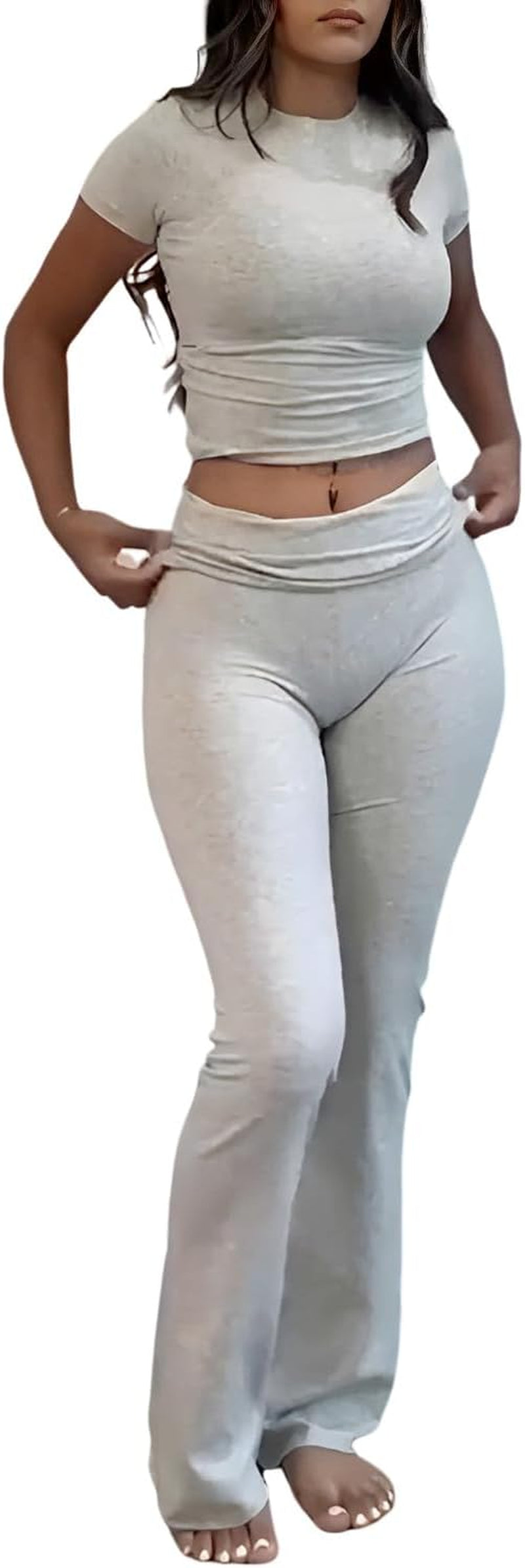 Women'S 2 Piece Lounge Outfits Slim Short Sleeve Tops Low Rise Flare Leggings Sets Yoga Sweatsuit