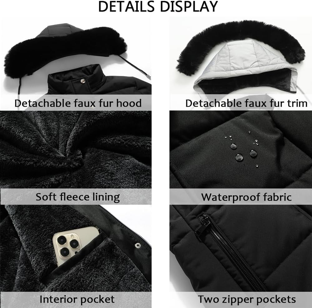 Women'S Winter Puffer Coat Thicken Fleece Lined down Jacket Waterproof Faux Fur Detachable Hooded Parka