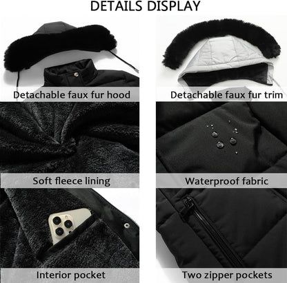 Women'S Winter Puffer Coat Thicken Fleece Lined down Jacket Waterproof Faux Fur Detachable Hooded Parka