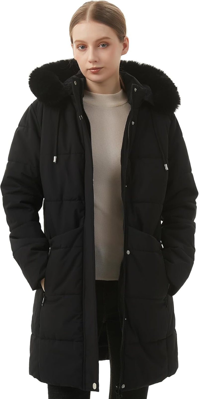 Women'S Winter Puffer Coat Thicken Fleece Lined down Jacket Waterproof Faux Fur Detachable Hooded Parka