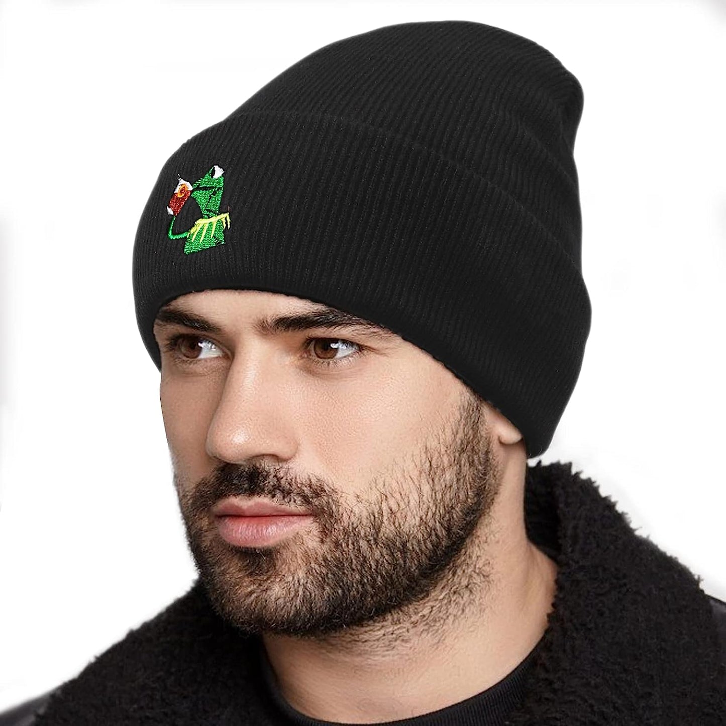 Winter Kermit the Frog Sipping Tea Beanie Warm Soft Oversized Thick Cable Knitted Hat Unisex Cuffed Skull Knit Caps…