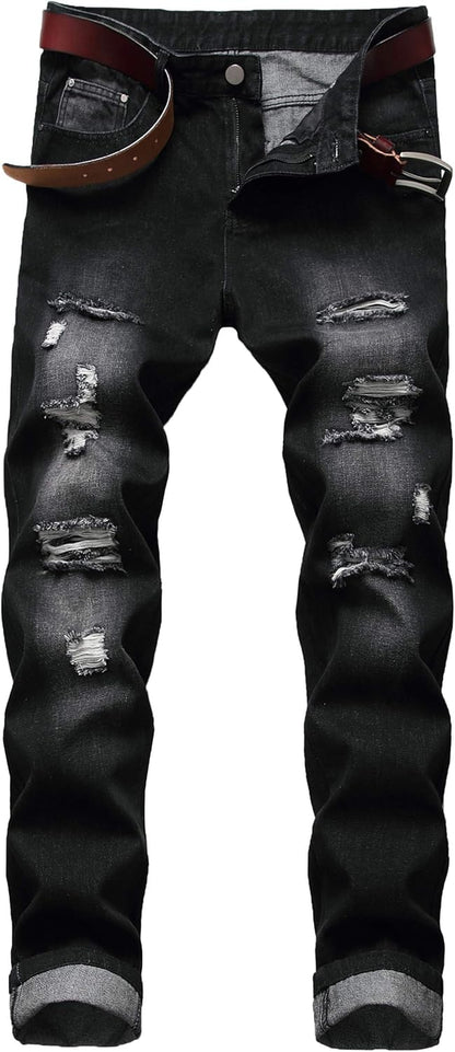 Men'S Ripped Distressed Destroyed Slim Fit Straight Leg Denim Jeans