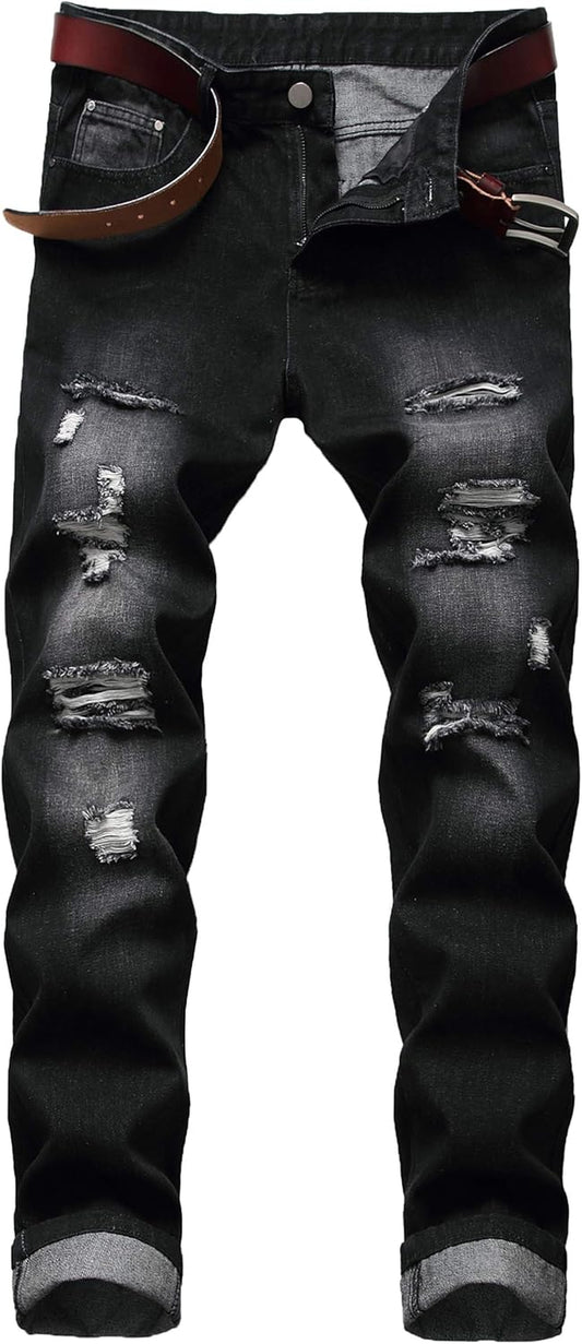 Men'S Ripped Distressed Destroyed Slim Fit Straight Leg Denim Jeans