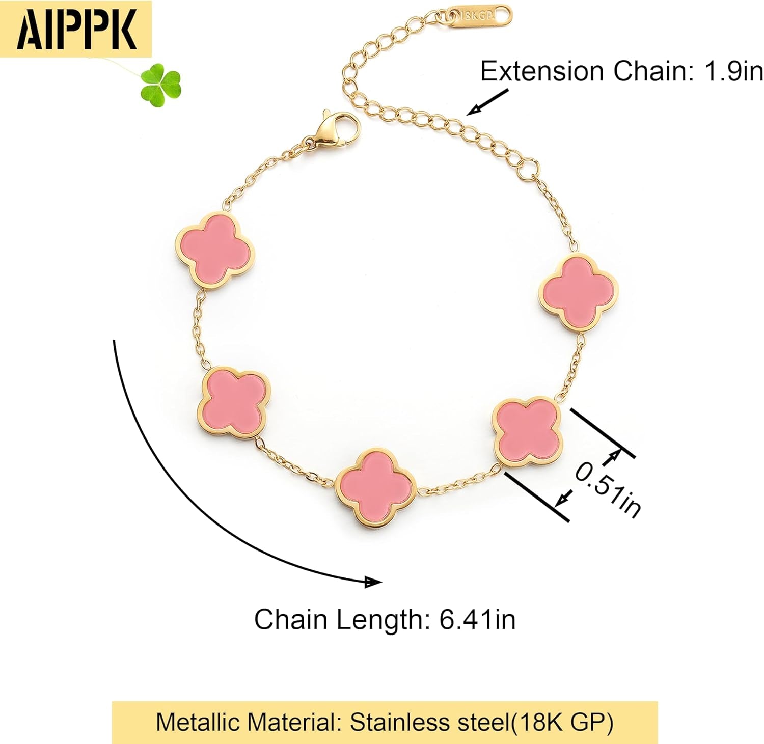 18K Gold Plated Clover Lucky Bracelet for Women White/Black/Red/Green Flower Four Leaf Link Bracelets Trendy Jewelry Gifts for Women