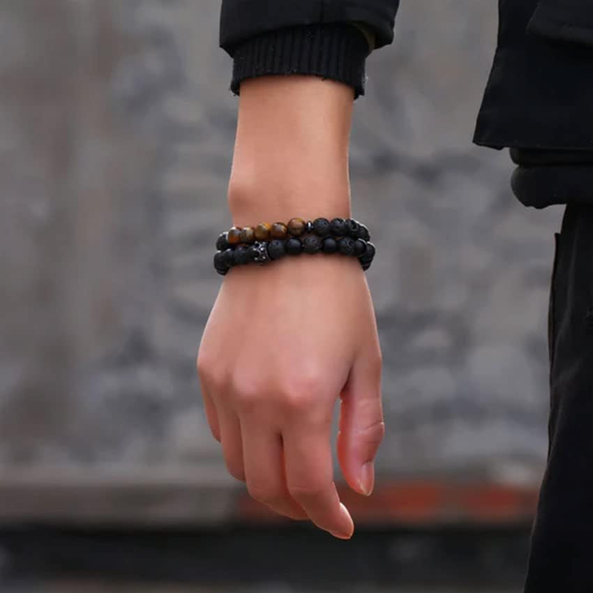 Tiger Eye Bracelet for Men 8MM Natural Stone Stretch Adjustable Black Crystal Beaded Bracelet for Men Women Gifts