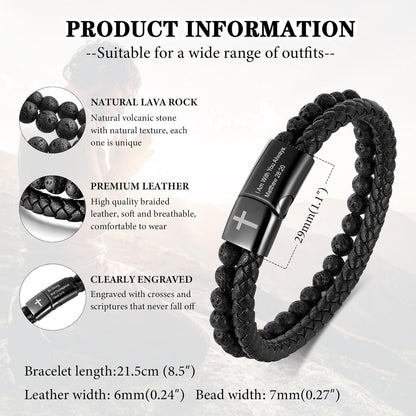 Men'S Cross Bracelet for Men : Inspirational Bible Verse Bracelets Christian Catholic Religious Jewelry Christmas Gifts Ideas for Man, Healing Lava Rock Bead Cross Bracelet Leather Wristband