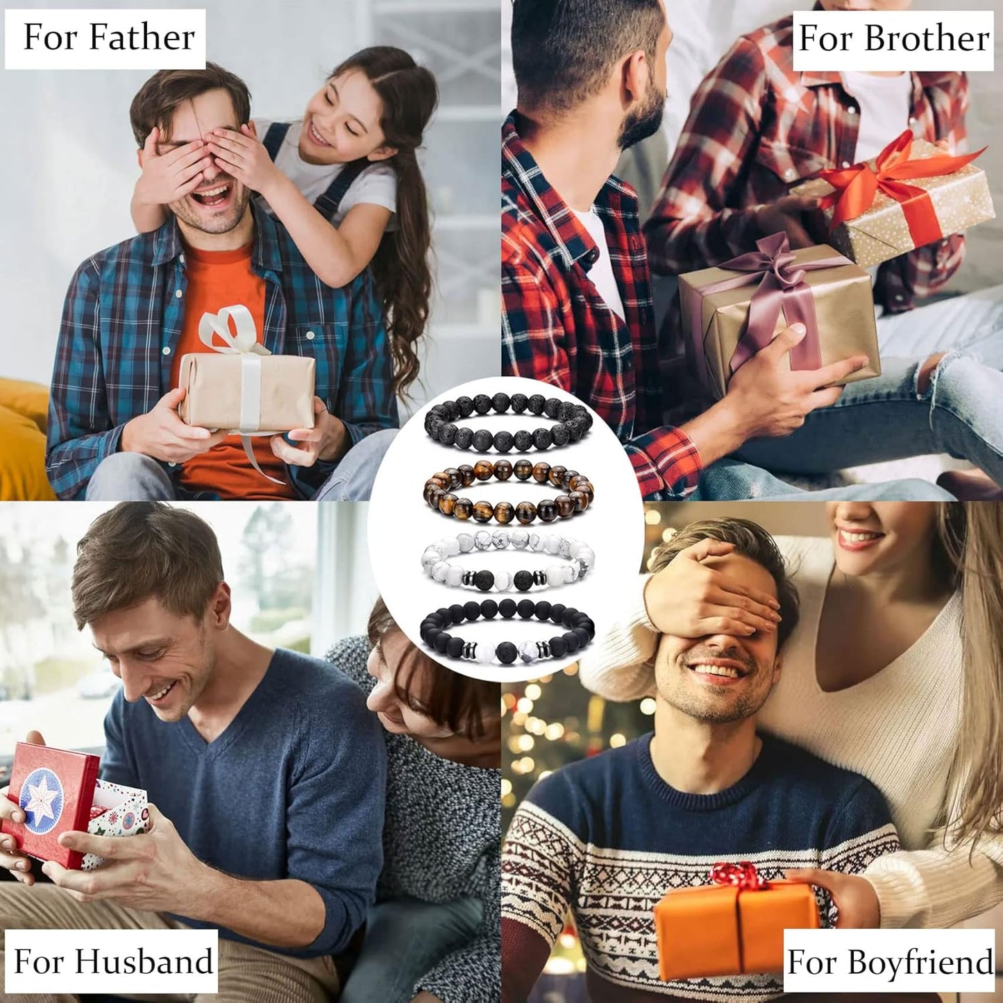 Tiger Eye Bracelet for Men 8MM Natural Stone Stretch Adjustable Black Crystal Beaded Bracelet for Men Women Gifts