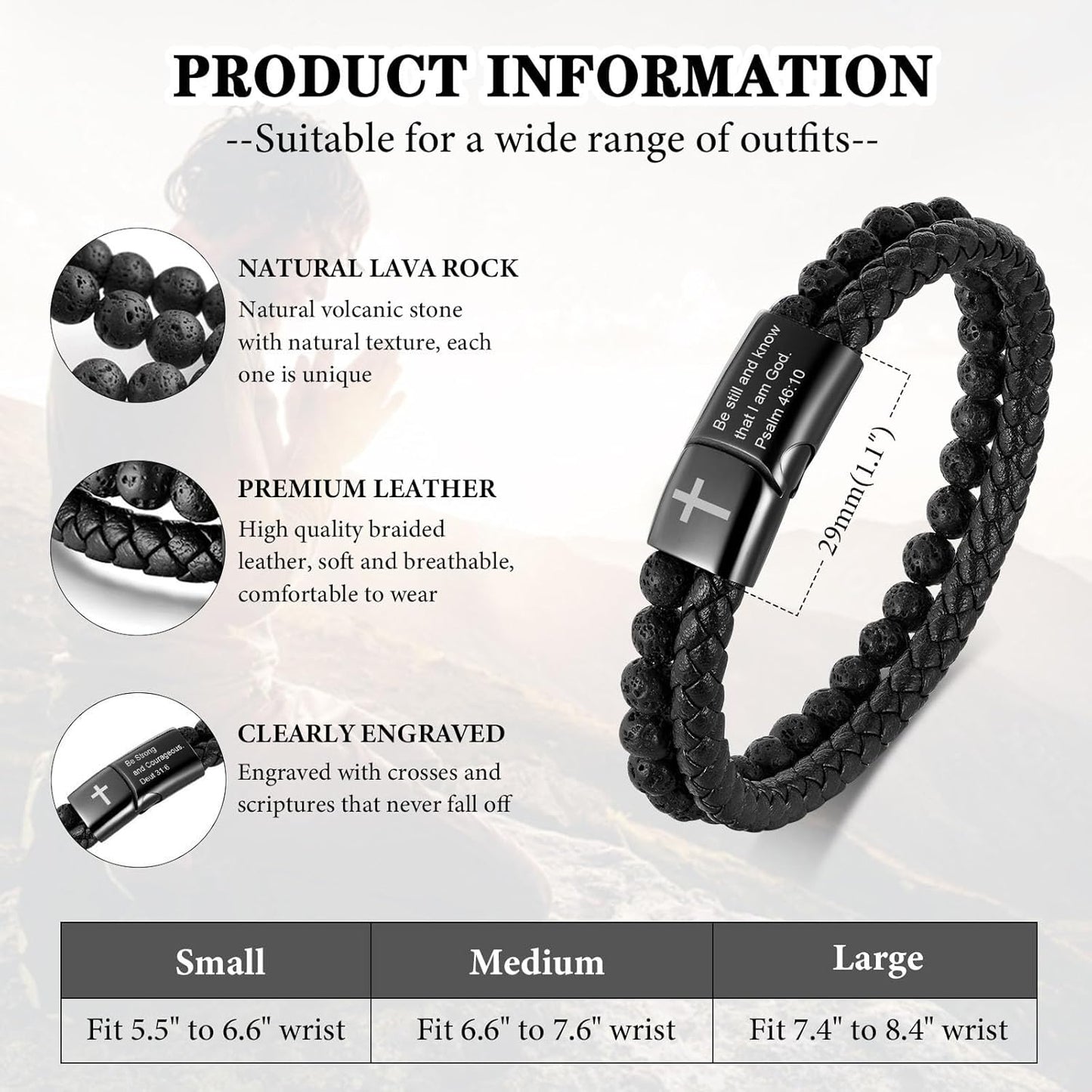 Men'S Cross Bracelet for Men : Inspirational Bible Verse Bracelets Christian Catholic Religious Jewelry Christmas Gifts Ideas for Man, Healing Lava Rock Bead Cross Bracelet Leather Wristband