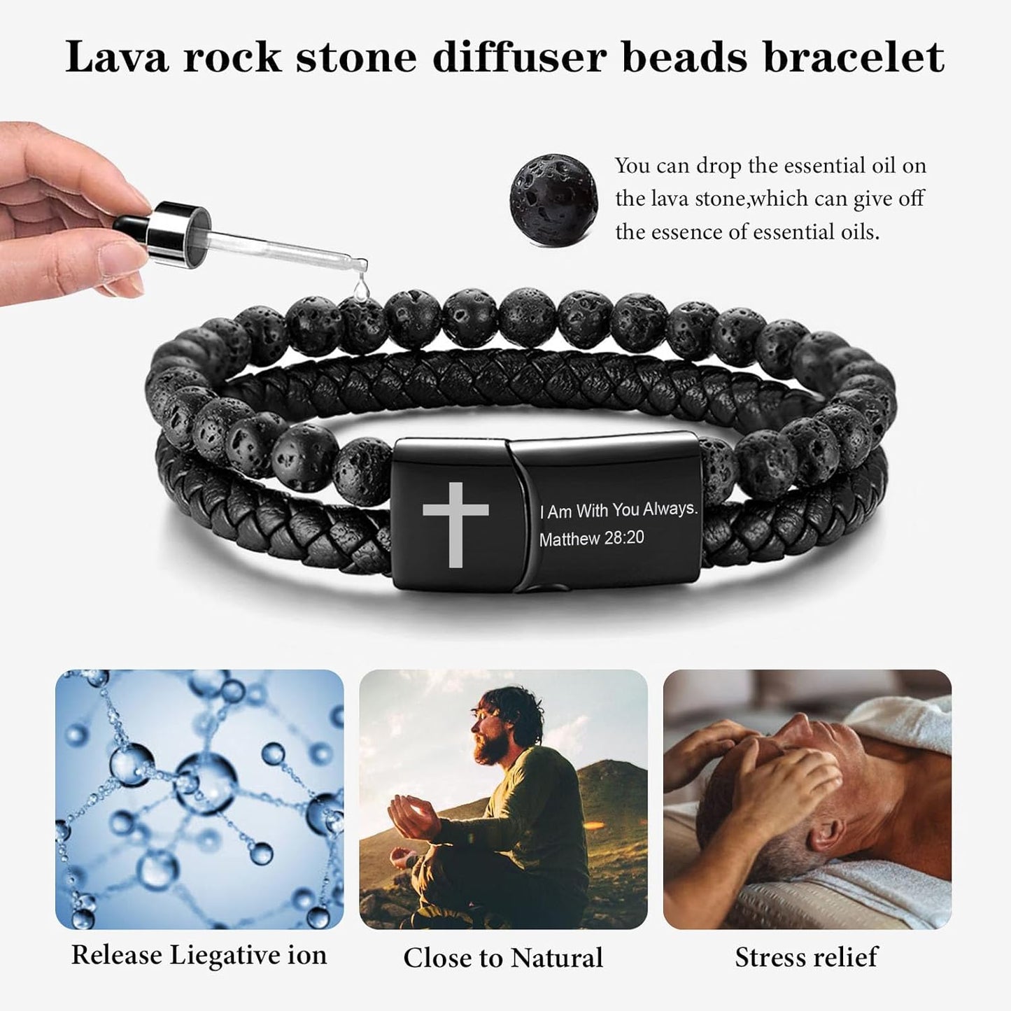Men'S Cross Bracelet for Men : Inspirational Bible Verse Bracelets Christian Catholic Religious Jewelry Christmas Gifts Ideas for Man, Healing Lava Rock Bead Cross Bracelet Leather Wristband
