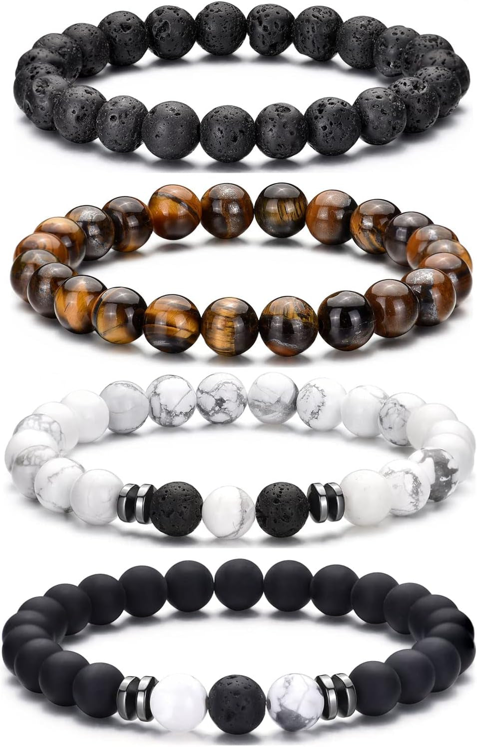 Tiger Eye Bracelet for Men 8MM Natural Stone Stretch Adjustable Black Crystal Beaded Bracelet for Men Women Gifts