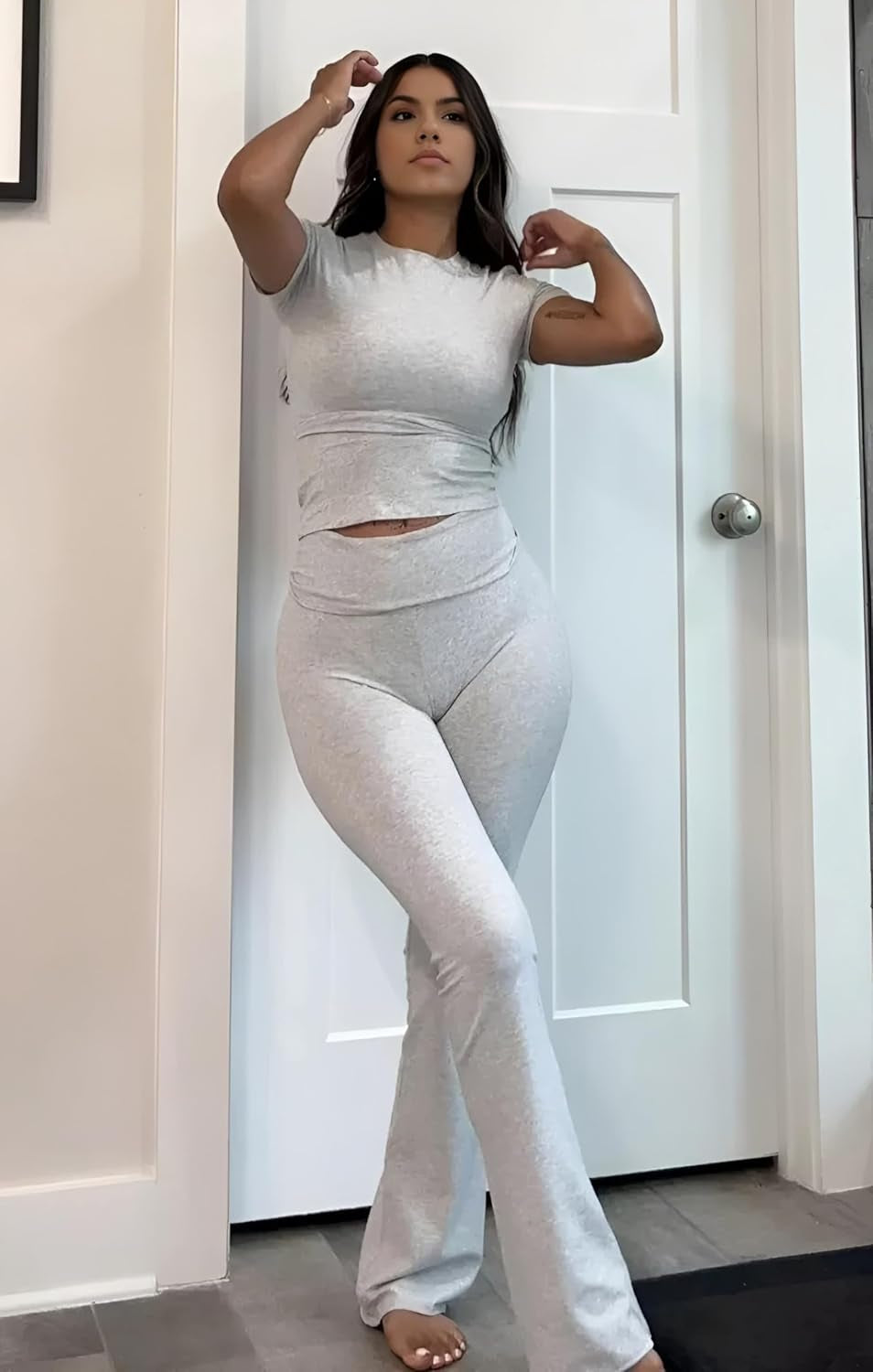 Women'S 2 Piece Lounge Outfits Slim Short Sleeve Tops Low Rise Flare Leggings Sets Yoga Sweatsuit