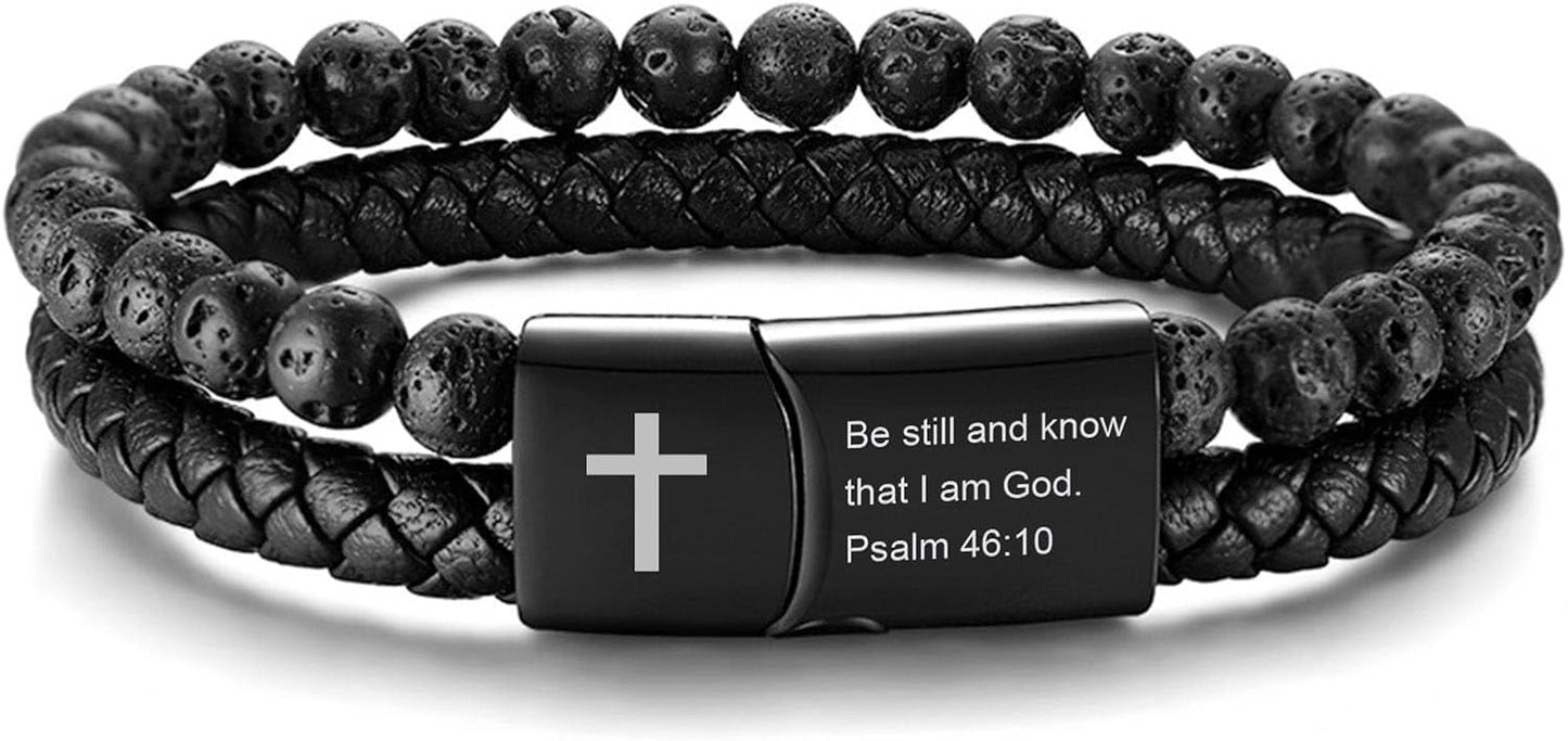 Men'S Cross Bracelet for Men : Inspirational Bible Verse Bracelets Christian Catholic Religious Jewelry Christmas Gifts Ideas for Man, Healing Lava Rock Bead Cross Bracelet Leather Wristband