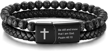 Men'S Cross Bracelet for Men : Inspirational Bible Verse Bracelets Christian Catholic Religious Jewelry Christmas Gifts Ideas for Man, Healing Lava Rock Bead Cross Bracelet Leather Wristband