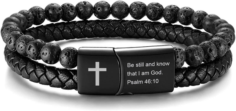Men'S Cross Bracelet for Men : Inspirational Bible Verse Bracelets Christian Catholic Religious Jewelry Christmas Gifts Ideas for Man, Healing Lava Rock Bead Cross Bracelet Leather Wristband