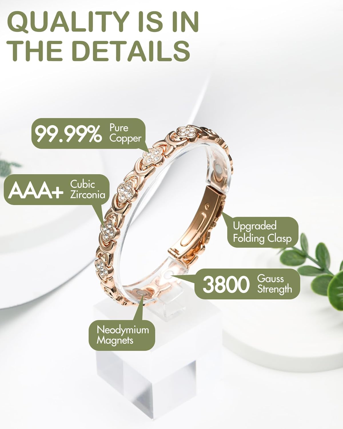 Pure Copper Bracelets for Women, Ultra Strength Magnetic Therapy Bracelet for Pain Relief with Neodymium Magnets & Sparkling Cubic Zirconia, Adjustable, Infinite Clover Jewelry