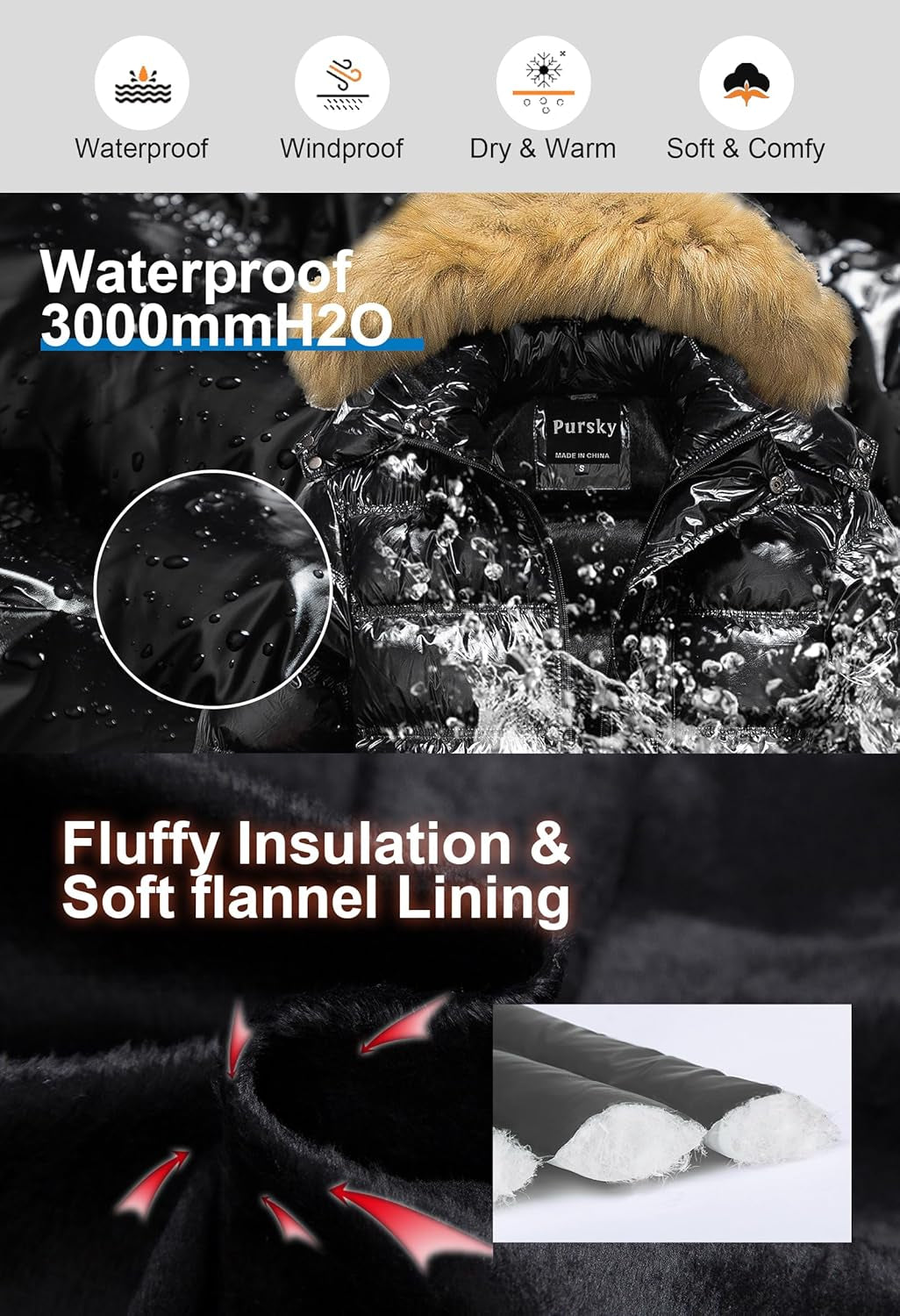 Men'S Puffer Jacket Waterproof Winter Bubble Coats Ski Parka Fur Hooded