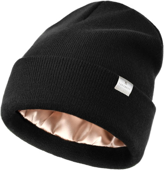 Satin Lined Beanie for Women Reduce Frizz Winter Hats for Women Men Silk Lining Soft Slouchy Warm Cuffed Less Static