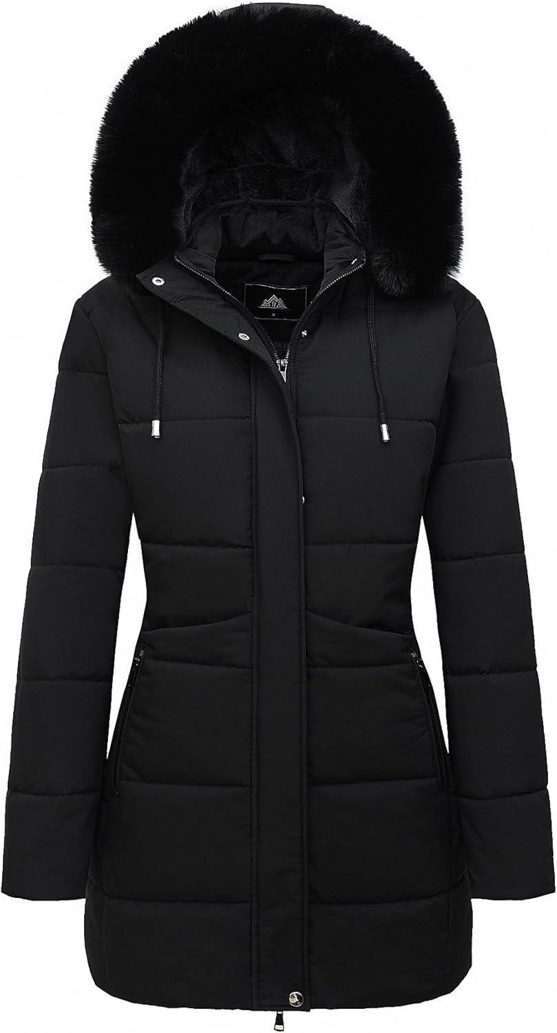 Women'S Winter Puffer Coat Thicken Fleece Lined down Jacket Waterproof Faux Fur Detachable Hooded Parka