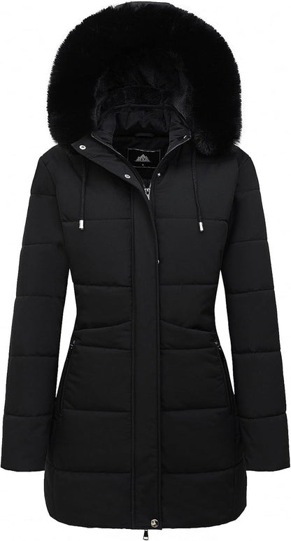 Women'S Winter Puffer Coat Thicken Fleece Lined down Jacket Waterproof Faux Fur Detachable Hooded Parka