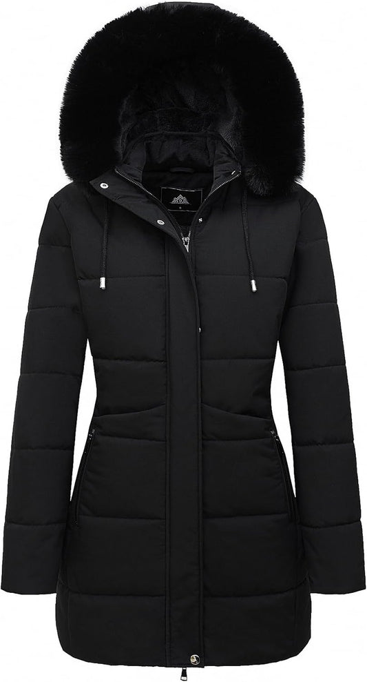 Women'S Winter Puffer Coat Thicken Fleece Lined down Jacket Waterproof Faux Fur Detachable Hooded Parka